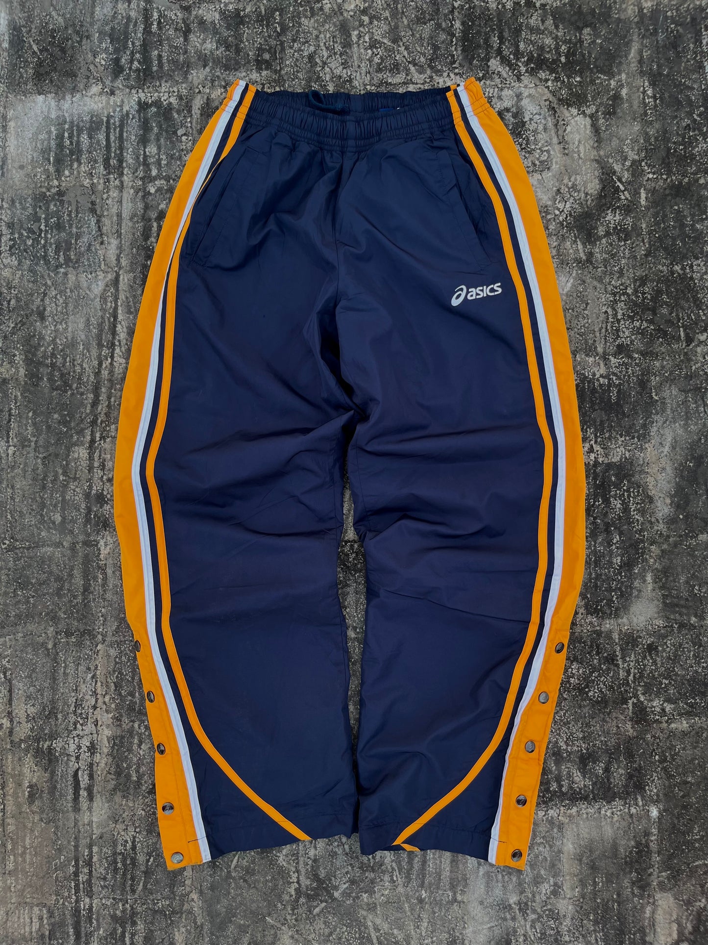 Vintage Asics Dark Blue / Yellow Buttoned Baggy Trackpants (M/L)
