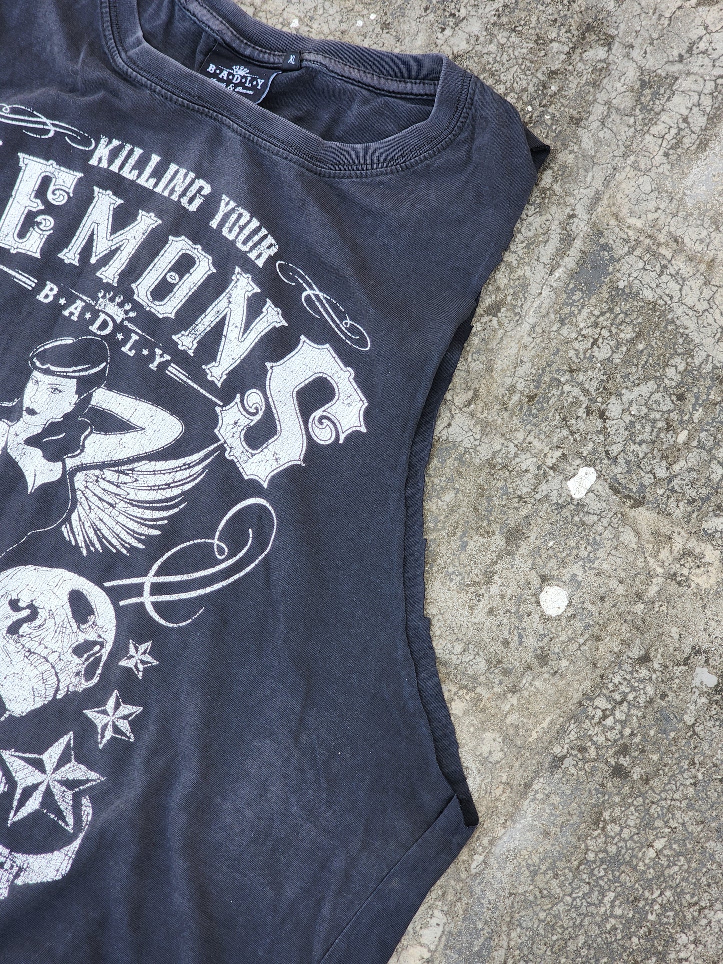 Vintage Killing your Demons B.A.D.L.Y may kill your Angels Too Hand Cut and Cropped Tank (M)