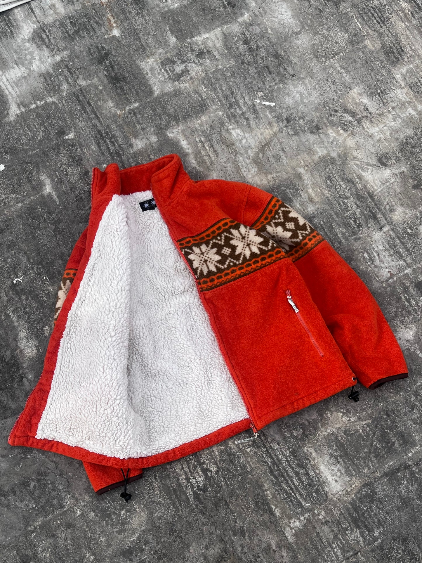 Vintage Ancestress North Sea Orange Fleece Christmas Snowflake Jacket (S/M)