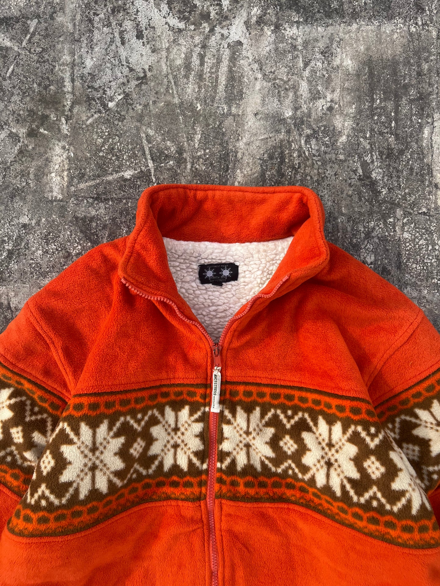 Vintage Ancestress North Sea Orange Fleece Christmas Snowflake Jacket (L)