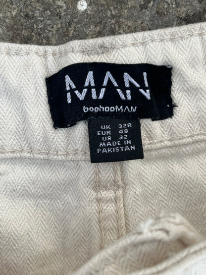 BoohooMan White Texturized Double-Knee Carpenter Baggy Jeans (32)