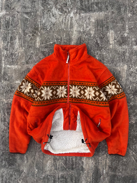 Vintage Ancestress North Sea Orange Fleece Christmas Snowflake Jacket (L)