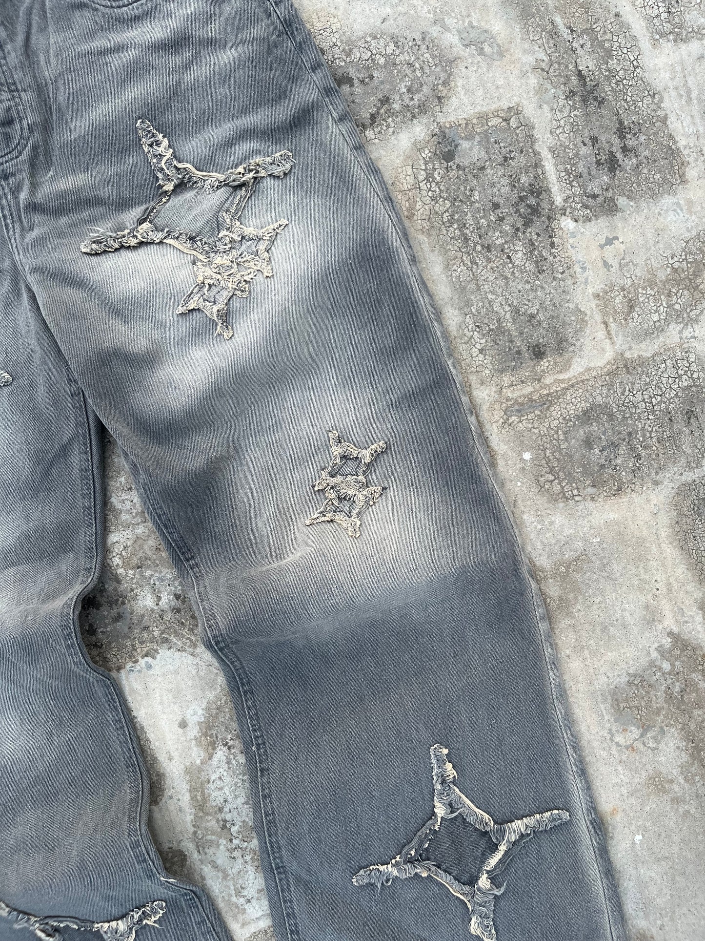 BoohooMan Grey Star Patchwork Baggy Jeans (38)