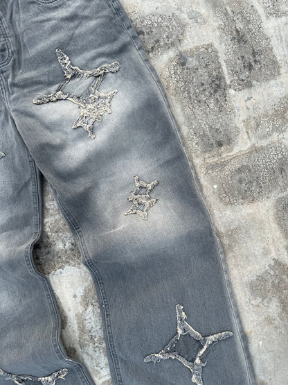 BoohooMan Grey Star Patchwork Baggy Jeans (38)