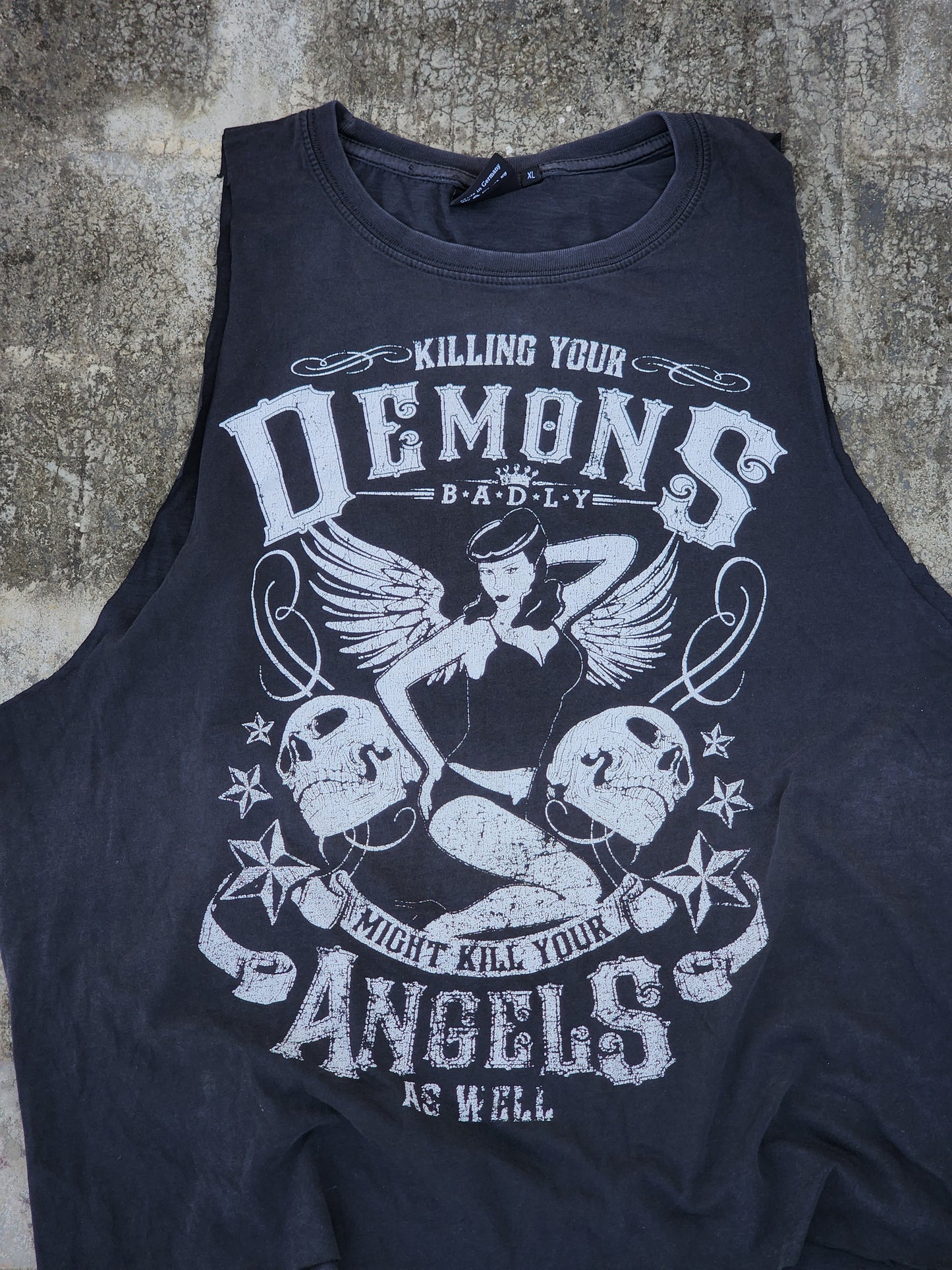 Vintage Killing your Demons B.A.D.L.Y may kill your Angels Too Hand Cut and Cropped Tank (M)