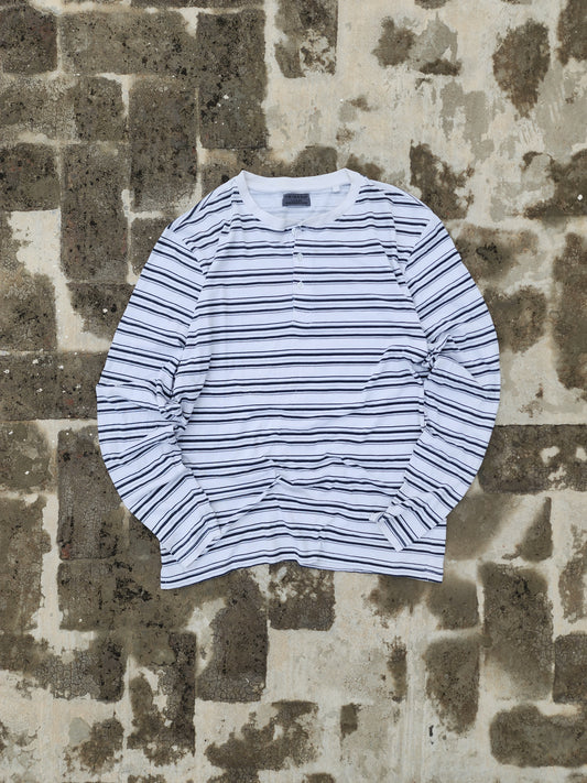 Primark White/Black Striped Full Sleeves Henley (L)