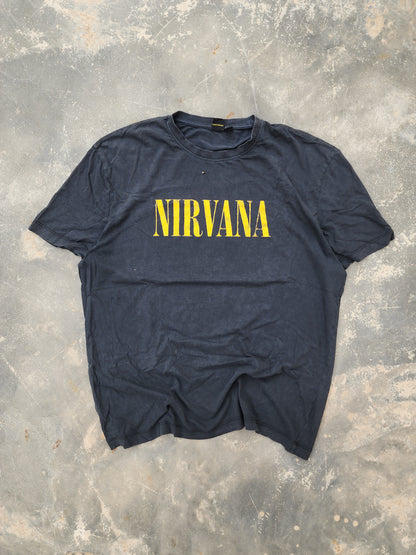 Nirvana Angels Black and Yellow Distressed Tee (L)