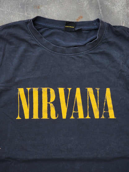 Nirvana Angels Black and Yellow Distressed Tee (L)