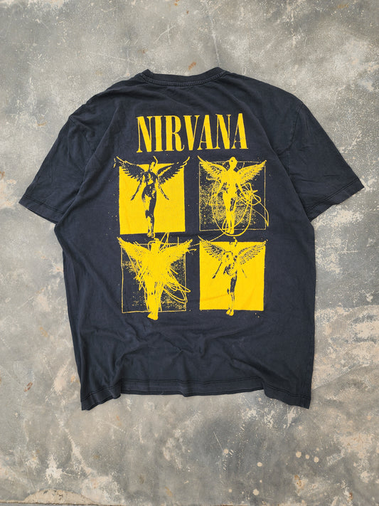 Nirvana Angels Black and Yellow Distressed Tee (L)