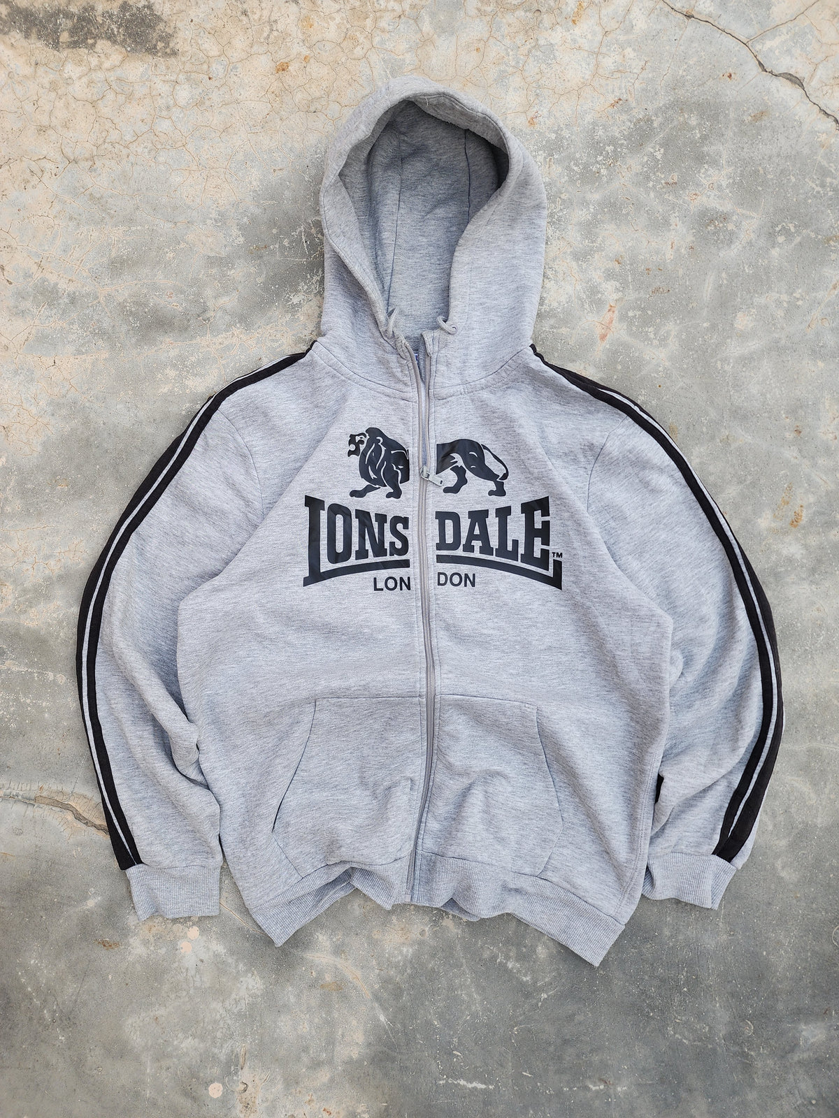 Lonsdale Classic Logo and Side Stripes Gray Zipper Hoodie (L)