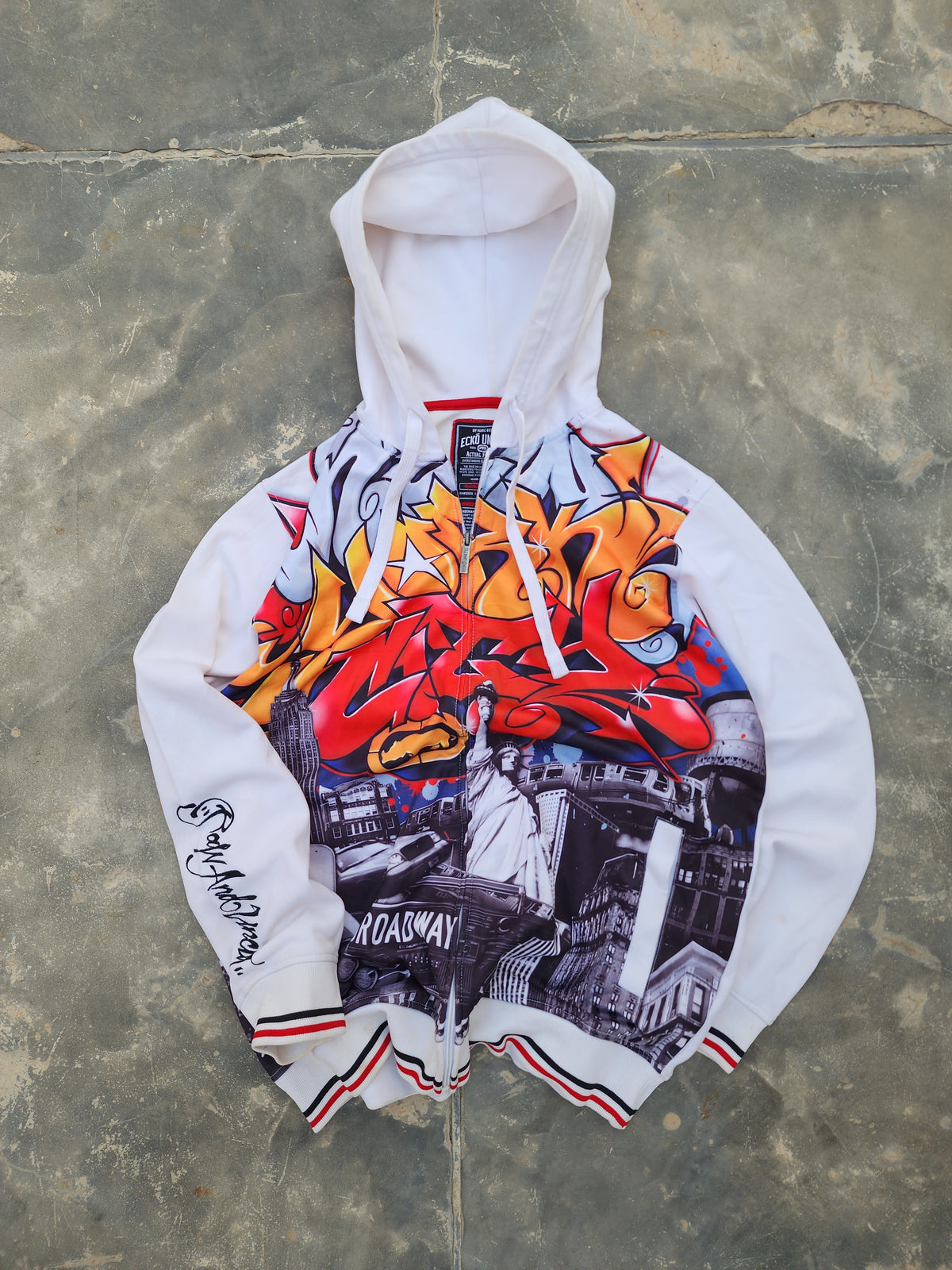 Vintage Y2K Ecko Unltd "New York Gritty City" All Over Print Graffiti Zip Up Hoodie White (L)