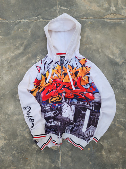 Vintage Y2K Ecko Unltd "New York Gritty City" All Over Print Graffiti Zip Up Hoodie White (L)