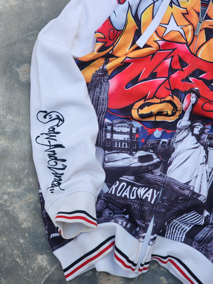 Vintage Y2K Ecko Unltd "New York Gritty City" All Over Print Graffiti Zip Up Hoodie White (L)