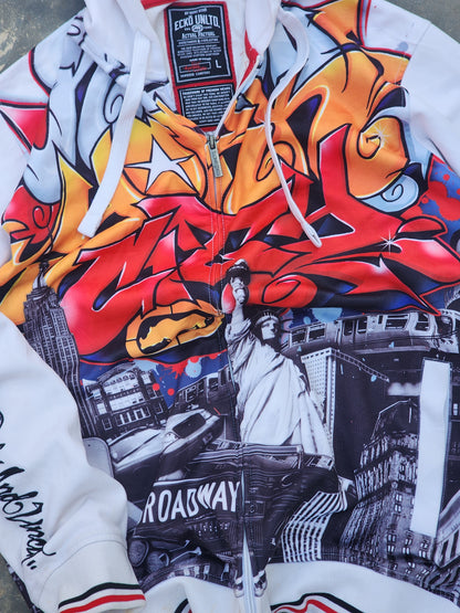 Vintage Y2K Ecko Unltd "New York Gritty City" All Over Print Graffiti Zip Up Hoodie White (L)