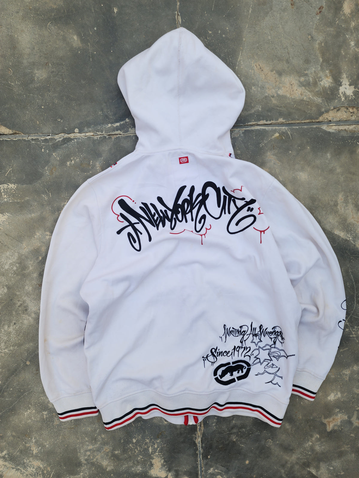Vintage Y2K Ecko Unltd "New York Gritty City" All Over Print Graffiti Zip Up Hoodie White (L)
