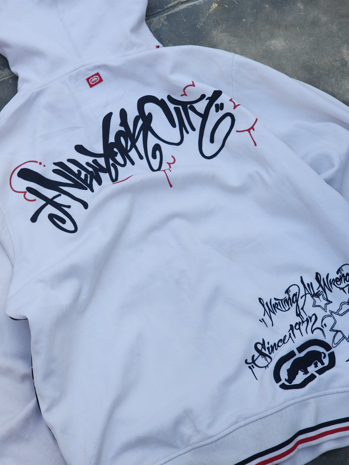 Vintage Y2K Ecko Unltd "New York Gritty City" All Over Print Graffiti Zip Up Hoodie White (L)