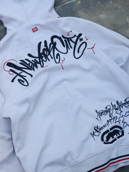 Vintage Y2K Ecko Unltd "New York Gritty City" All Over Print Graffiti Zip Up Hoodie White (L)