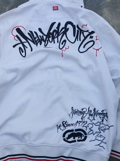 Vintage Y2K Ecko Unltd "New York Gritty City" All Over Print Graffiti Zip Up Hoodie White (L)