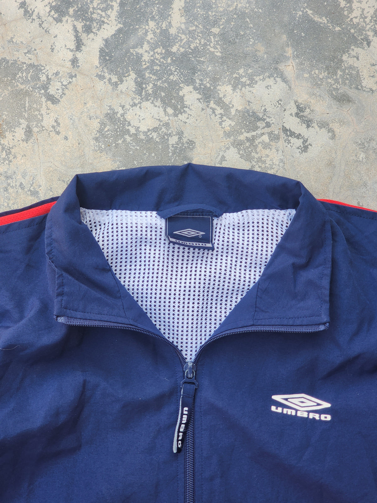 Vintage 2000s Umbro Windbreaker Track Jacket Navy Blue White Red Techwear (S)
