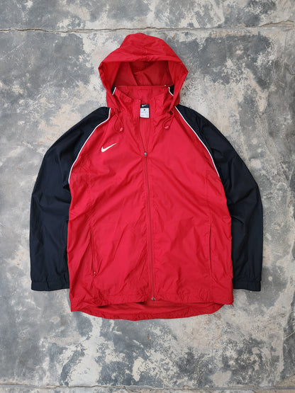 Vintage 2000s Red Team Sports Red and Black Full-Zip Windbreaker Hooded Rain Jacket (L/XL)
