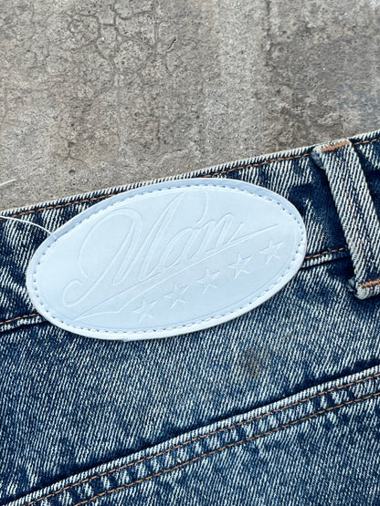 BoohooMan Dark Blue Metal Stars Ankle Buttons Bootcut Jeans (36)