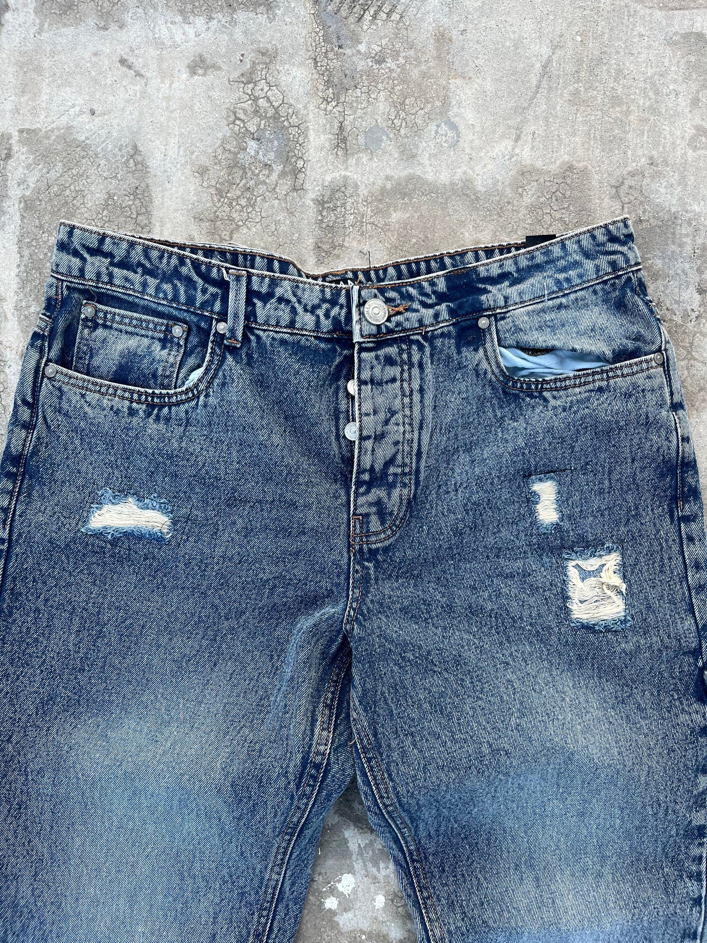 BoohooMan Dark Blue Metal Stars Ankle Buttons Bootcut Jeans (36)
