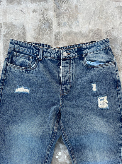 BoohooMan Dark Blue Metal Stars Ankle Buttons Bootcut Jeans (36)