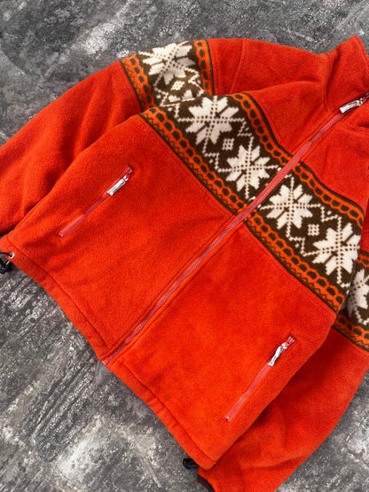 Vintage Ancestress North Sea Orange Fleece Christmas Snowflake Jacket (S/M)