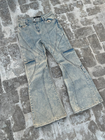 Favela Y2K Vintage Acid Washed Light Blue Flared Jeans with Patchwork and Embroidery (32)