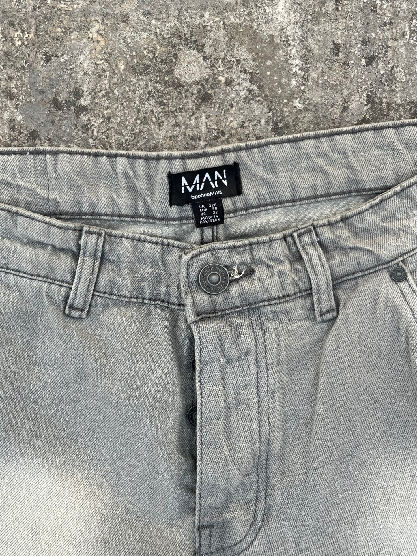 BoohooMan Grey Double Knee Cutout Distressed Baggy Jeans (32)