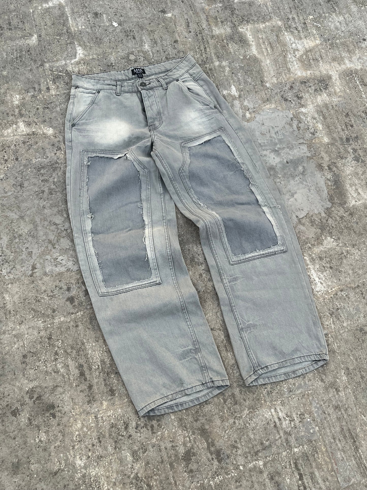 BoohooMan Grey Double Knee Cutout Distressed Baggy Jeans (32)