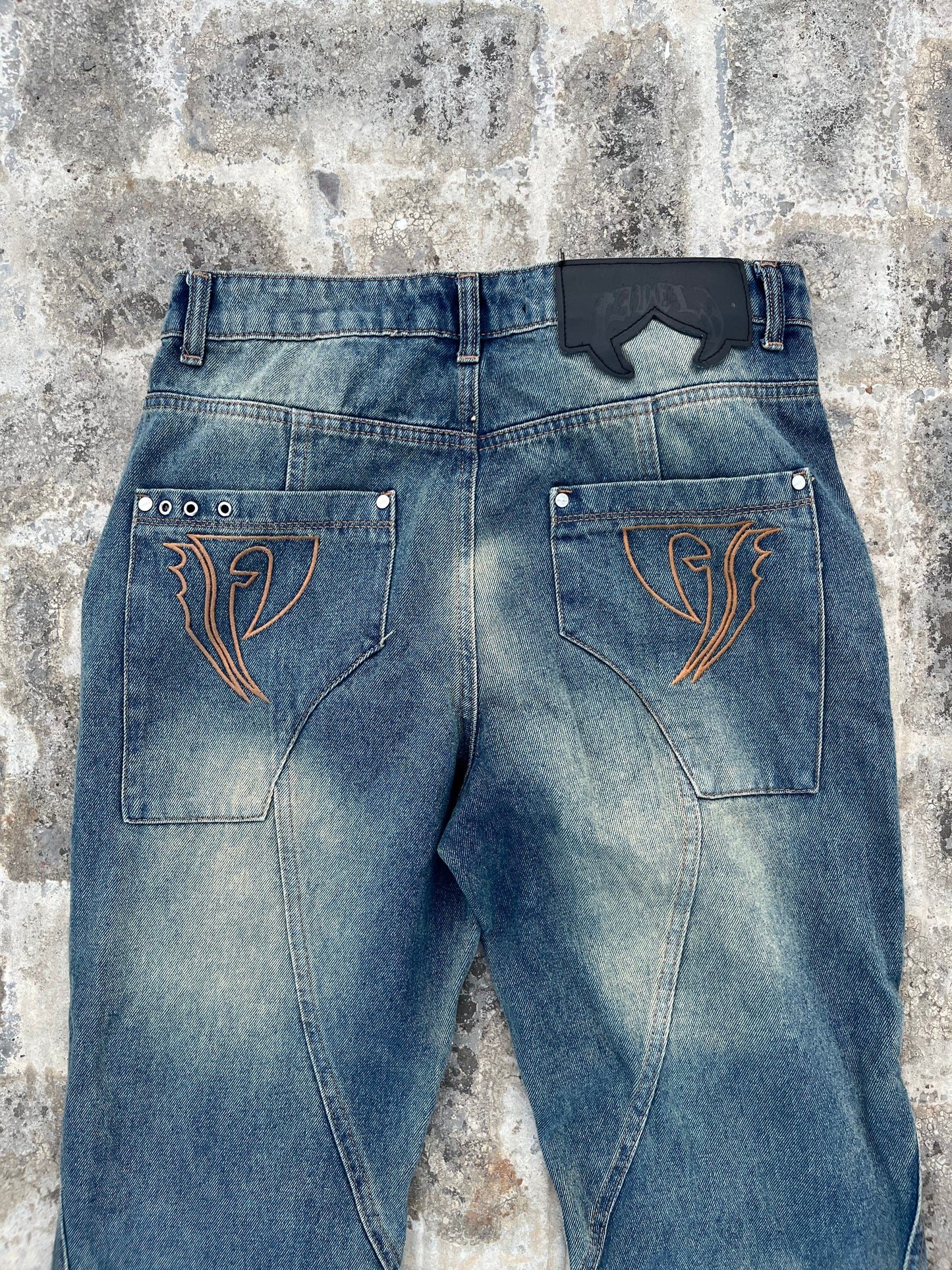 Favela Y2K Dark Blue Flared Jeans with Patchwork and Embroidery (34)