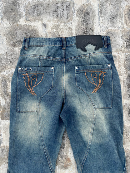 Favela Y2K Dark Blue Flared Jeans with Patchwork and Embroidery (34)
