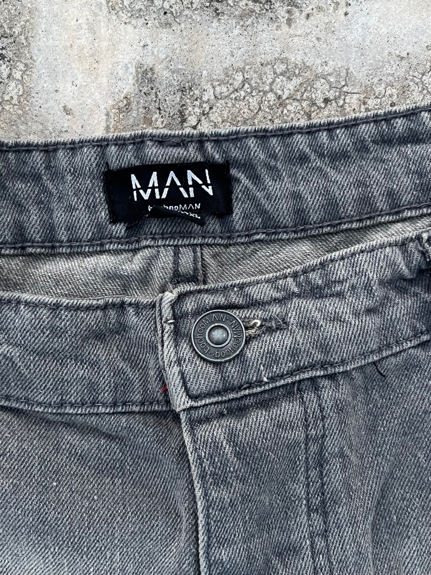 BoohooMan Grey Star Patchwork Baggy Jeans (38)