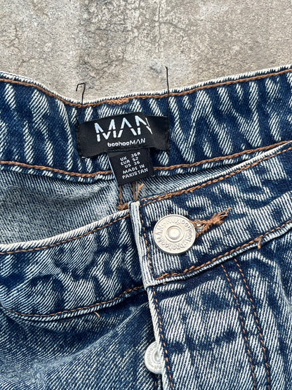 BoohooMan Dark Blue Metal Stars Ankle Buttons Bootcut Jeans (36)