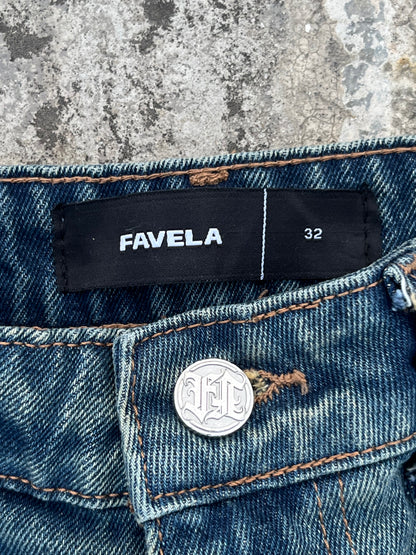 Favela Y2K Dark Blue Flared Jeans with Patchwork and Embroidery (34)