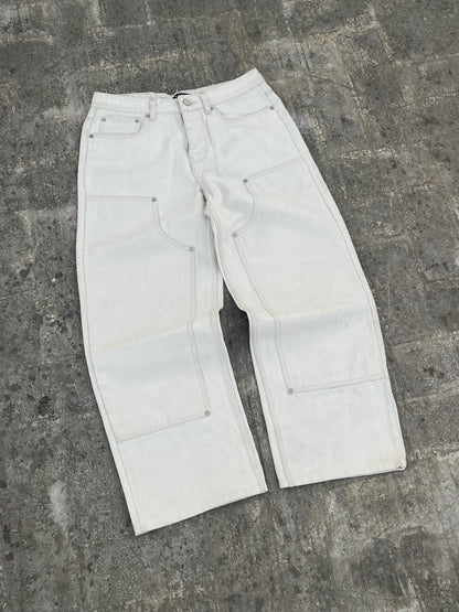 BoohooMan White Texturized Double-Knee Carpenter Baggy Jeans (32)
