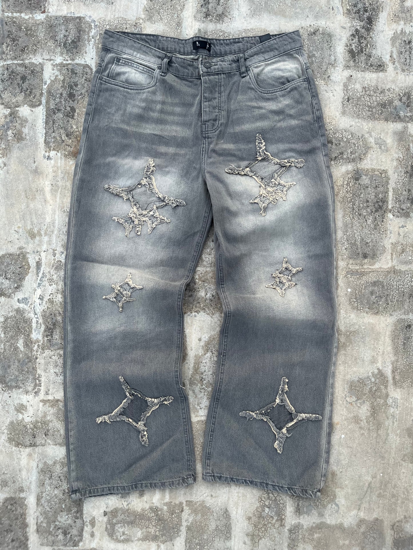 BoohooMan Grey Star Patchwork Baggy Jeans (38)