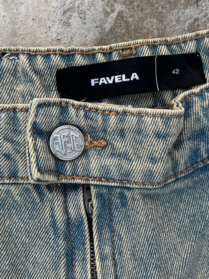 Favela Y2K Vintage Acid Washed Light Blue Flared Jeans with Patchwork and Embroidery (32)