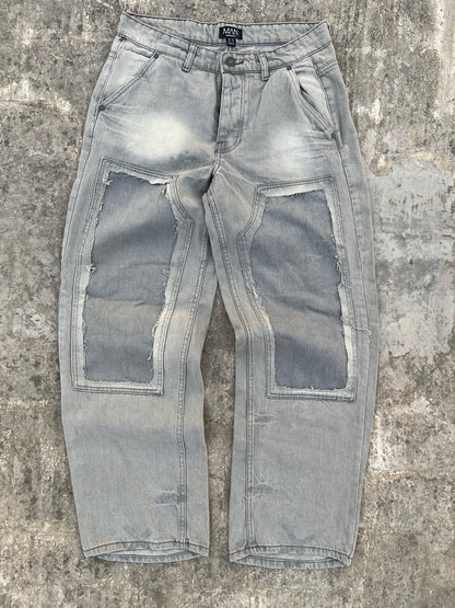 BoohooMan Grey Double Knee Cutout Distressed Baggy Jeans (32)