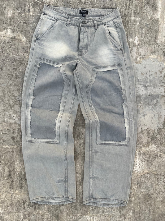 BoohooMan Grey Double Knee Cutout Distressed Baggy Jeans (32)
