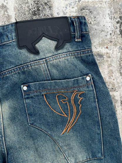 Favela Y2K Dark Blue Flared Jeans with Patchwork and Embroidery (34)