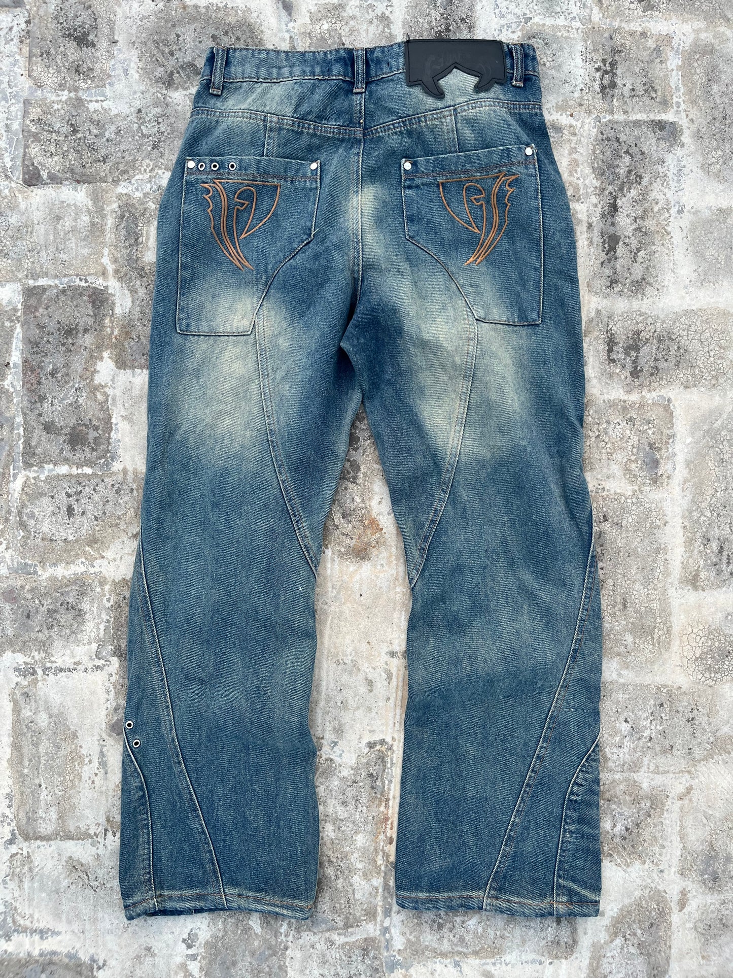 Favela Y2K Dark Blue Flared Jeans with Patchwork and Embroidery (34)