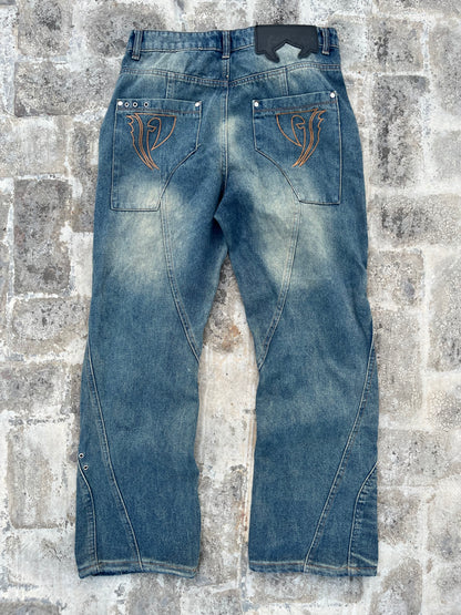 Favela Y2K Dark Blue Flared Jeans with Patchwork and Embroidery (34)
