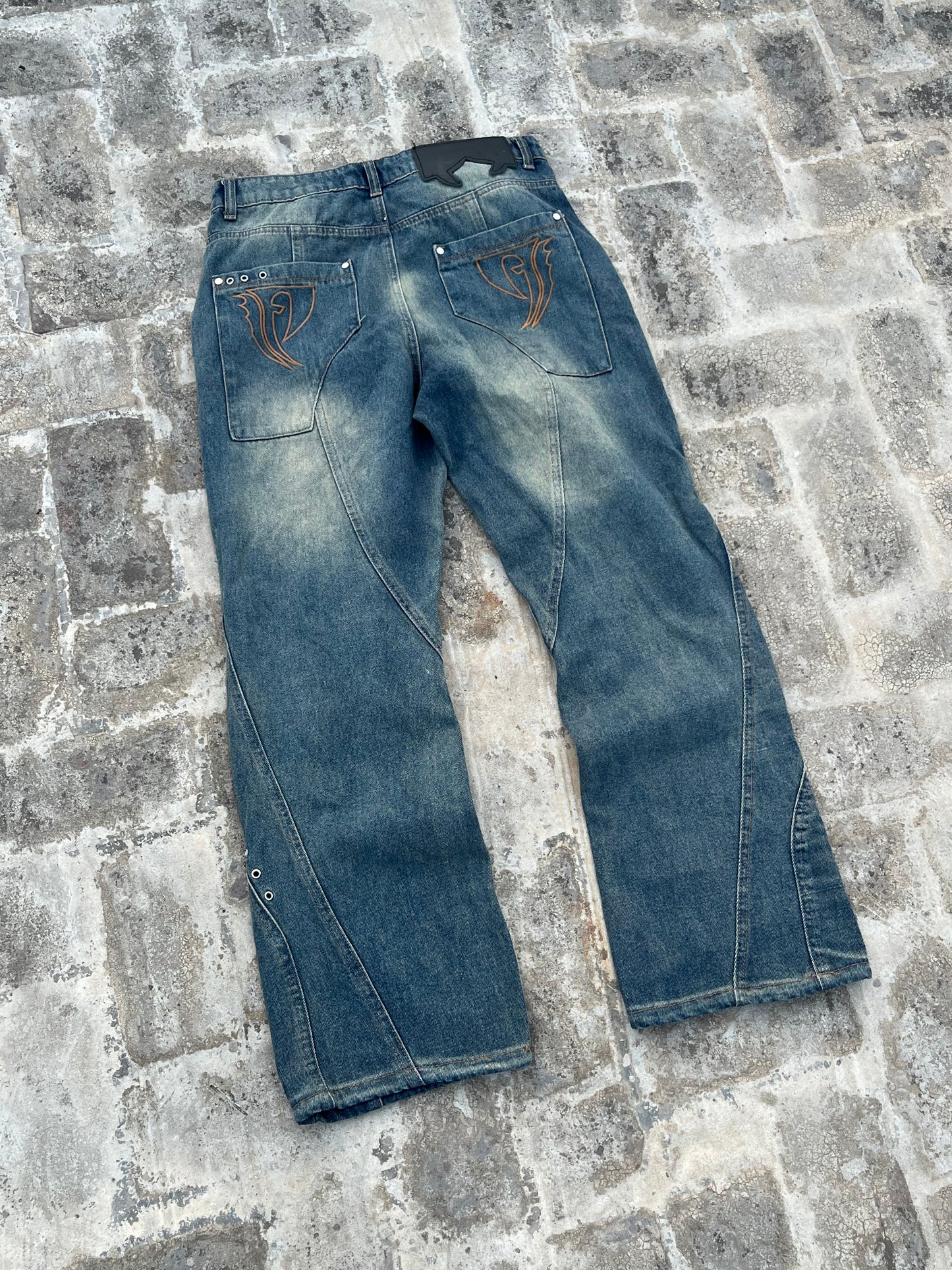 Favela Y2K Dark Blue Flared Jeans with Patchwork and Embroidery (34)