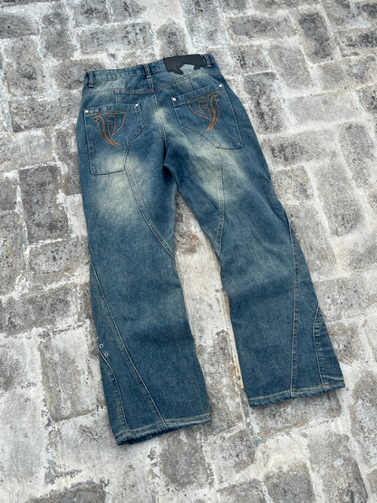Favela Y2K Dark Blue Flared Jeans with Patchwork and Embroidery (34)
