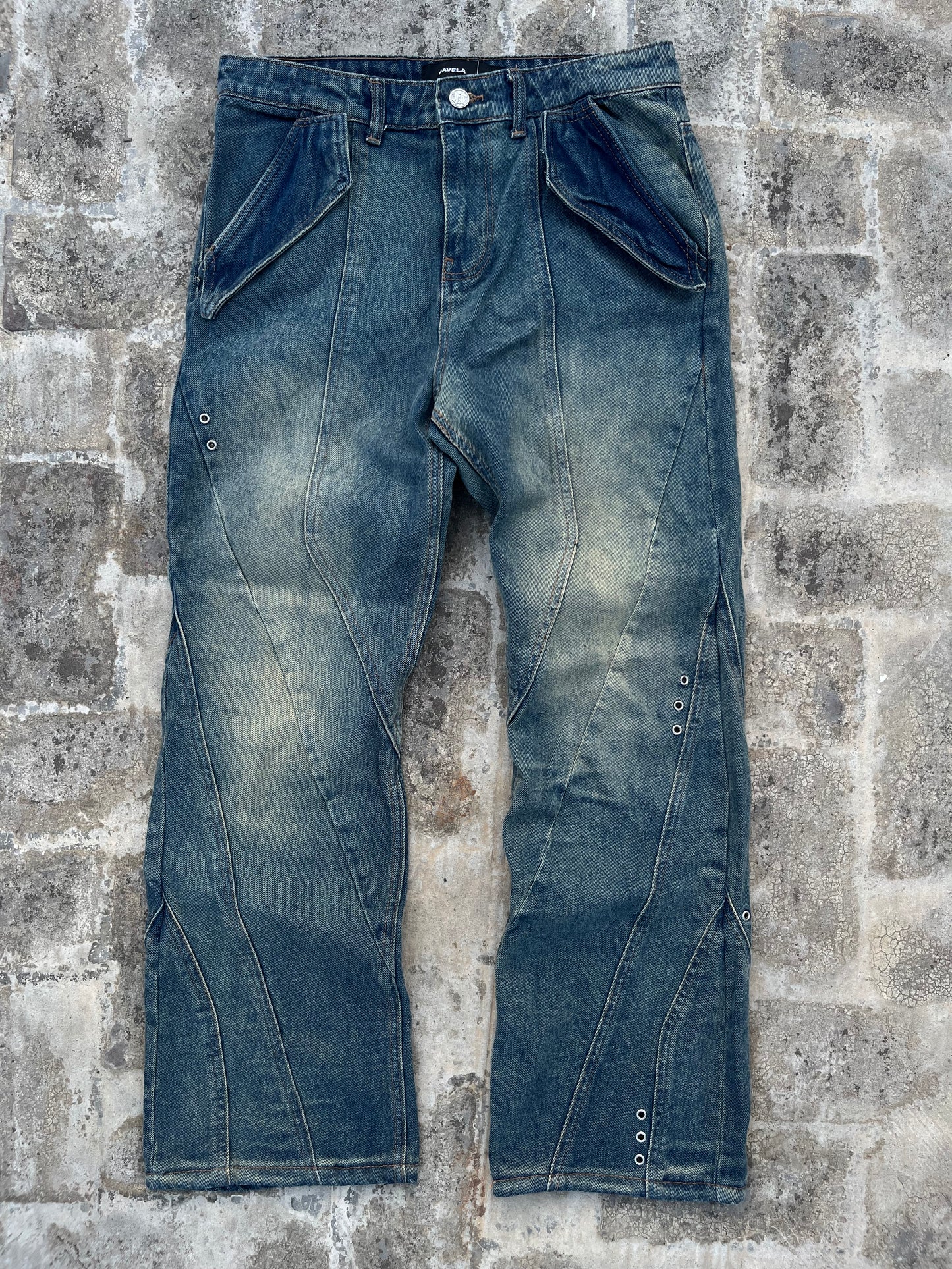 Favela Y2K Dark Blue Flared Jeans with Patchwork and Embroidery (34)