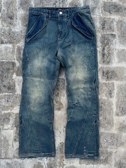 Favela Y2K Dark Blue Flared Jeans with Patchwork and Embroidery (34)