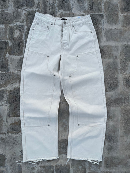 BoohooMan White Texturized and Distressed Edge Carpenter Baggy Jeans (32)