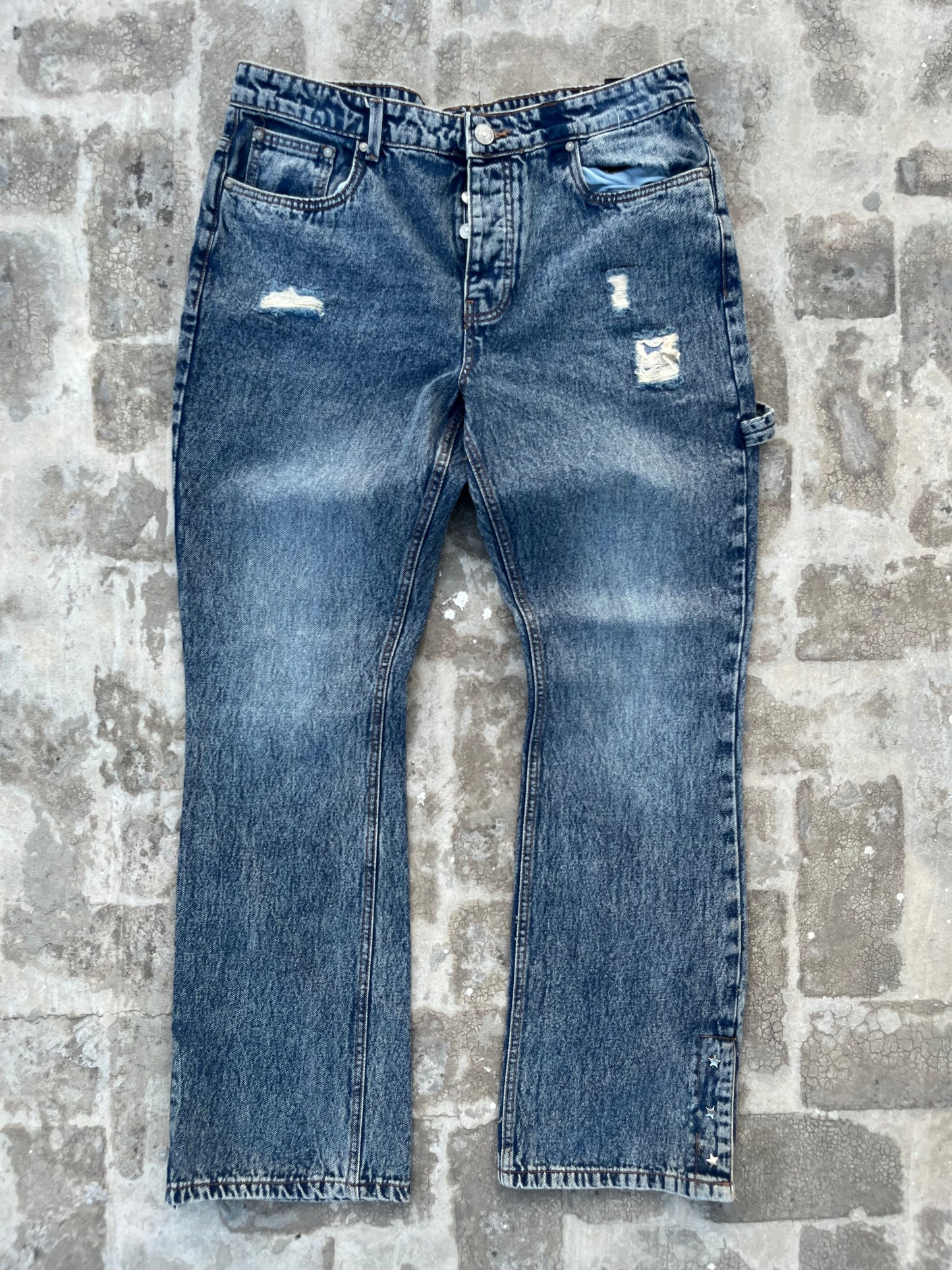 BoohooMan Dark Blue Metal Stars Ankle Buttons Bootcut Jeans (36)